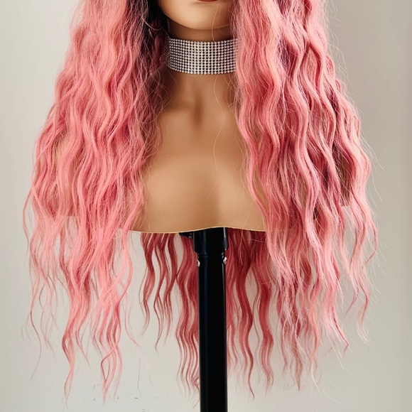 Long 28” Wavy Dusty Pink Synthetic Lace Front Wig - Picture 2 of 15